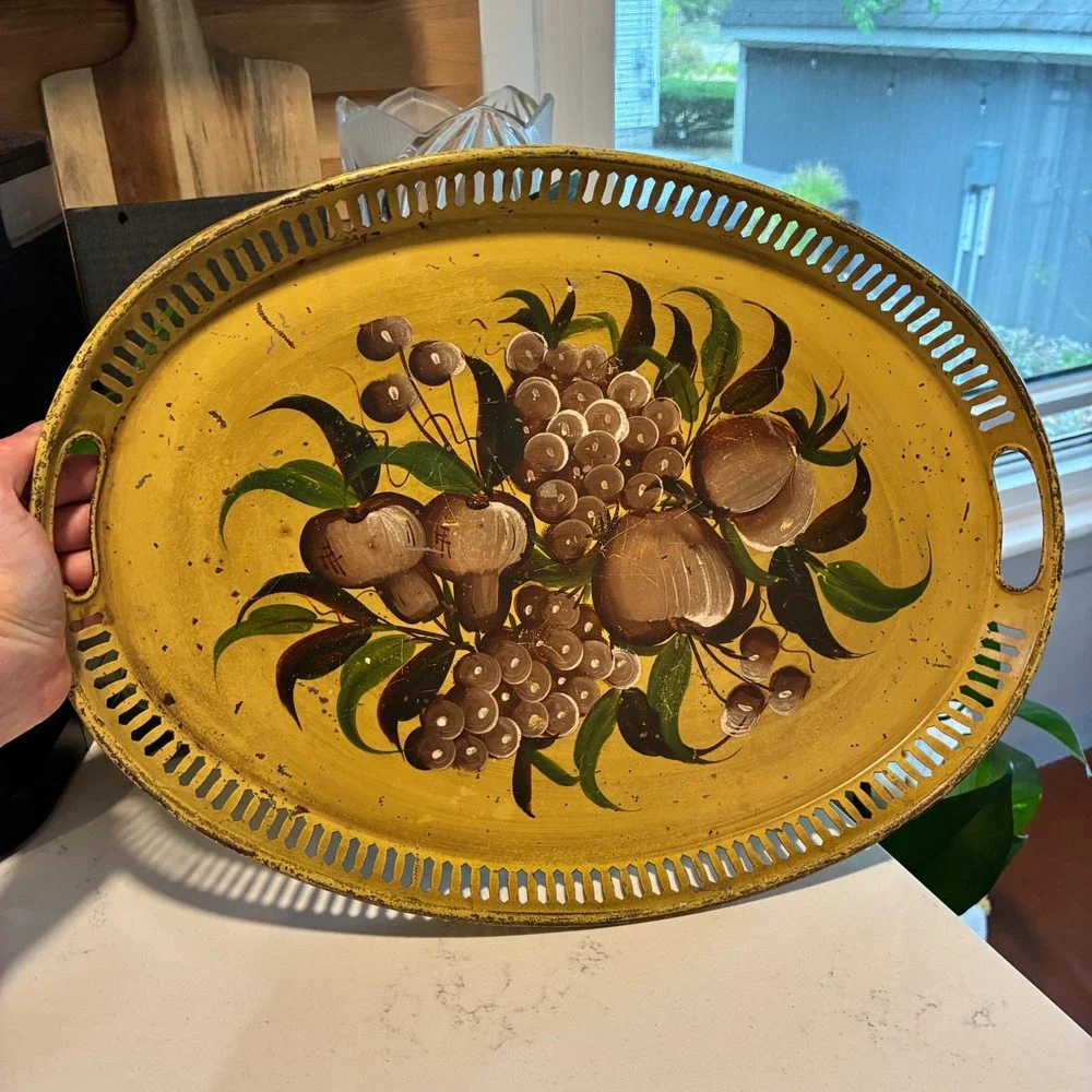Vtg Toleware Serving Tray Hand Painted Farmhouse Cottage Mid Cent French Country